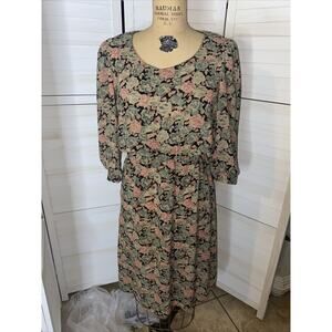 80s DAWN JOY FASHIONS BLACK/PINK/GREEN FLORAL DRESS Small/medium (Sz 7) USA Made